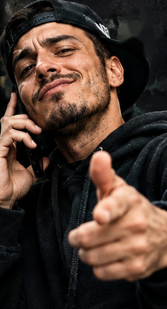 Hombre con gorra señalando a la cámara mientras habla por teléfono